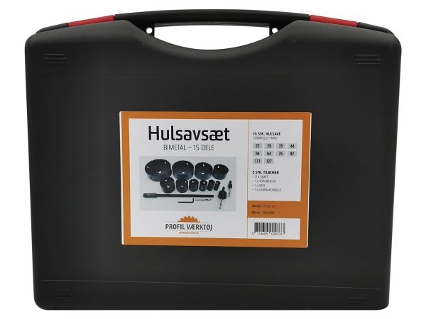 Hulsavsæt BIM 15 dele PT hulsavsæt BIM 15 dele 22-127 mm + 5 stk tilbehør. Billedet viser produktet forfra.