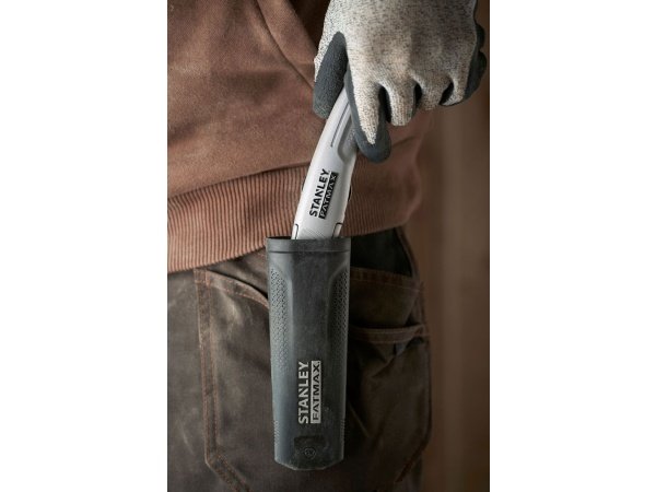 Stanley FatMax trapez prof-kniv inkl. hylster, sølv. Billedet viser produktet og hylster.