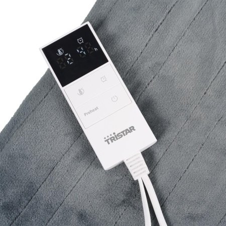 Tristar BW-4780 elektrisk varmetæppe Tristar BW-4780 elektrisk varmetæppe i grå fleece, 80W, størrelse 160x130 cm, med justerbare varmeindstillinger. Billedet viser hele produktet.
