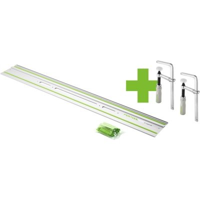 Opnå præcise snit med Festool FS 1400/2-KP LT Edt FSZ. Føringsskinnen sikrer flossefri savning og stabilitet på glatte materialer. Billedet viser produkt og tilbehør.