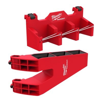 Milwaukee PACKOUT lang værktøjsholder. Billedet viser to-delt design med hvid baggrund.