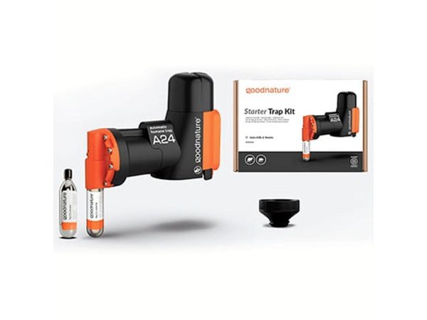 Goodnature rotte-/musefælde startsæt m/24 skud. Billedet viser produktets og patroner.