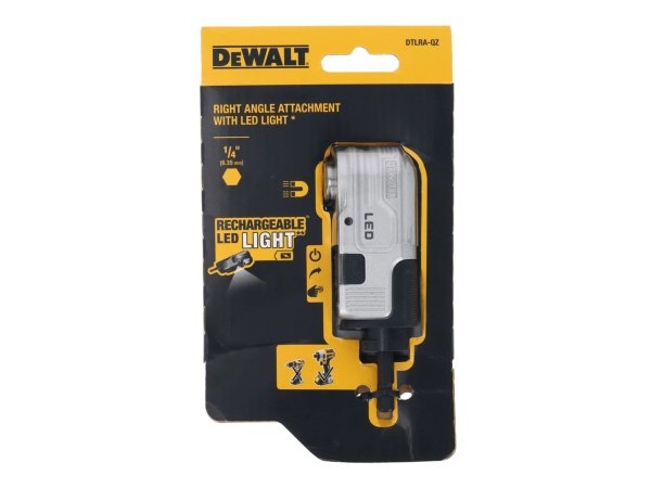 Dewalt højrevinklet forsats Dewalt Flextorq® modulær højrevinklet forsats med LED-Lys. Billedet viser produktet fra en skrå vinkel.