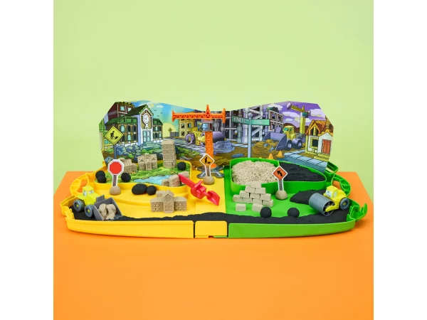 Kinetic Sand byggeplads. Produktindpakning vises