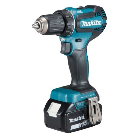 Makita bore-/skruemaskine DDF485Z + batteripakke BL1850B. Billedet viser produktet med batteri