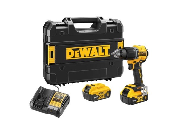 Dewalt 18V XR kulløs kompakt slagboremaskine, 2 x 5Ah. Billedet viser produkt og tilbehør.