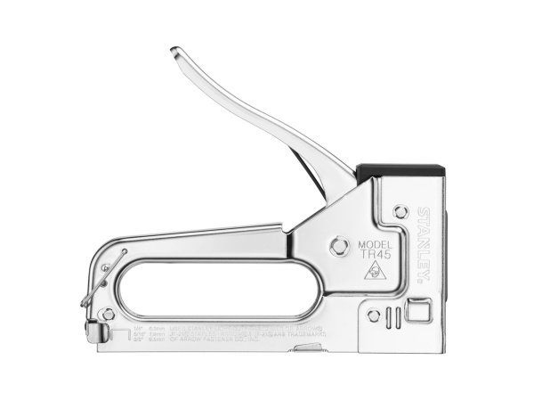 Stanley hæftepistol Stanley TR45 Type A hæftemaskine i stål. Billedet viser produktet fra en skrå vinkel.