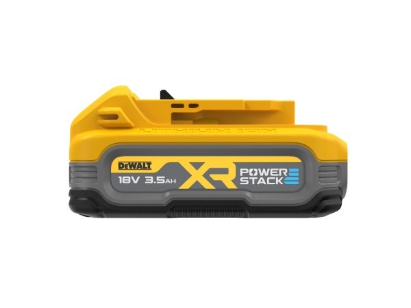 Et professionelt 18V batteri fra DeWalt med Powerstack-teknologi, der giver længere driftstid og kompakt design.