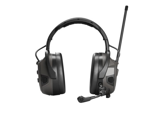 Hellberg synergy DR høreværn med FM- og DAB+ radio. Billedet viser produktet fra en skrå vinkel.