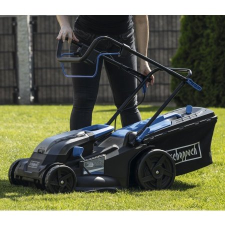 Scheppach plæneklipper BC-MP430-X SET XL2, 43 cm 5911415400, m/lader og to batterier. Billedet viser produkt.
