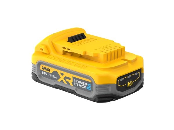 Et professionelt 18V batteri fra DeWalt med Powerstack-teknologi, der giver længere driftstid og kompakt design.