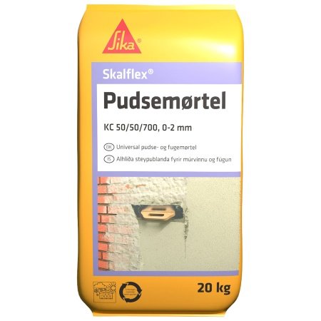 Skalflex pudsemørtel er perfekt til pudsning og fugning af kalksandsten, teglsten og blokke. 20 kg pose, grå farve, velegnet til inde og ude. Billedet viser hele produktet.