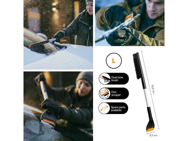 Fiskars Plus børste og isskraber 9,3 x 7,8 x 75,5 cm. Billedet viser produktet med hvid baggrund.  