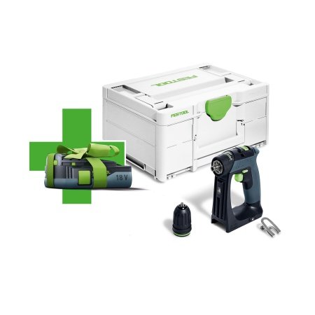 Festool Akku Boremaskine CXS 18-Basic-3,0. Billedet viser produktet med kuffert og tilbehør.