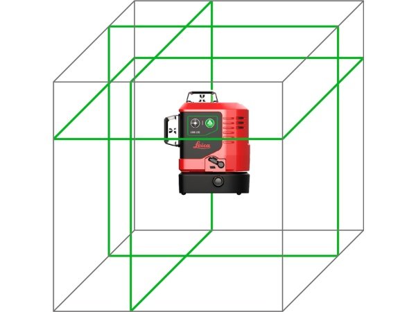 Leica Lino L6G 360° laser Leica Lino L6G 360° lasertwist 250, ual130 Li-ion. Billedet viser produktet og de medfølgende dele med hvid baggrund.