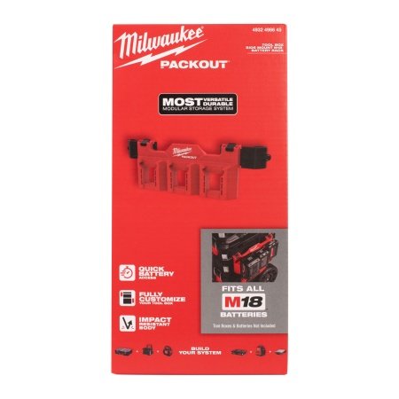 Milwaukee PACKOUT batteriholder til M18 batterier. Billedet viser produkt med hvid baggrund.