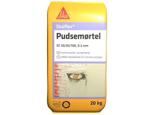 Skalflex Pudsemørtel 20 kg Skalflex pudsemørtel er perfekt til pudsning og fugning af kalksandsten, teglsten og blokke. 20 kg pose, grå farve, velegnet til inde og ude. Billedet viser hele produktet.