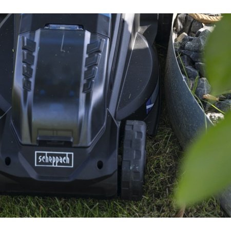 Scheppach plæneklipperBC-MP320-X-SET L, 32 cm 5911413403, m/lader & batteri. Billedet viser produkt med hvid baggrund.