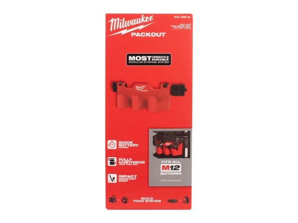 Milwaukee PACKOUT batteriholder til M12 batterier. Billedet viser produktet med hvid baggrund.