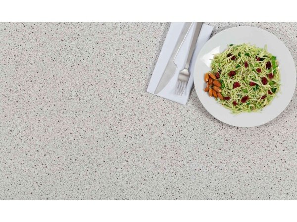 Wallmann laminatbordplade, lys granit. Billedet viser produktet fra siden.