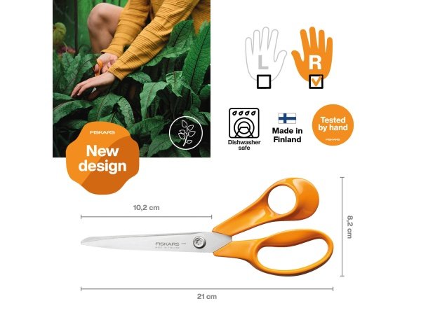 Fiskars Classic universalsaks Orange Fiskars Classic universalsaks 21 cm. Billedet viser produktet åbent.