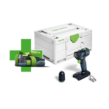 Festool akku bore/skruemaskine TXS 18-basic- 3,0. Billedet viser produktet med kuffert og tilbehør. 