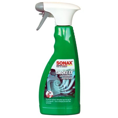 Effektiv lugtfjerner til bil, campingvogn, båd og hjem. SONAX SmokeEx 500 ml neutraliserer lugte fra tæpper og polstring uden at overdøve med parfume. 