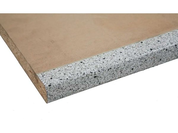 Wallmann laminatbordplade, lys granit. Billedet viser produktet fra siden.