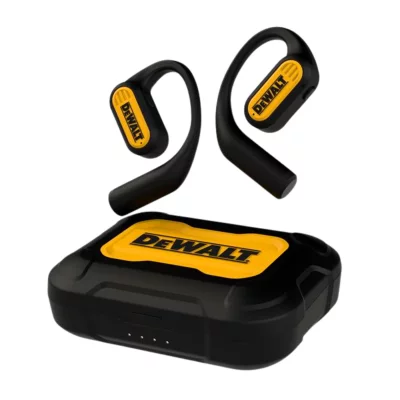Dewalt Pro open-ear høretelefo. Produkt vises med tilbehør