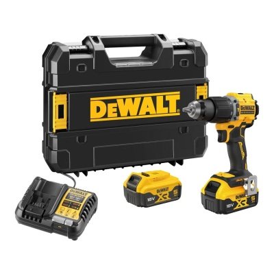 Dewalt 18V XR kulløs kompakt slagboremaskine, 2 x 5Ah. Billedet viser produkt og tilbehør.