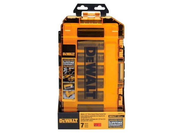 Dewalt topnøglesæt 1/2' Slagtoppesæt 1/2 7 STK, TOUGHBOX DWMT74737-0. Billedet viser produktets 7 dele.