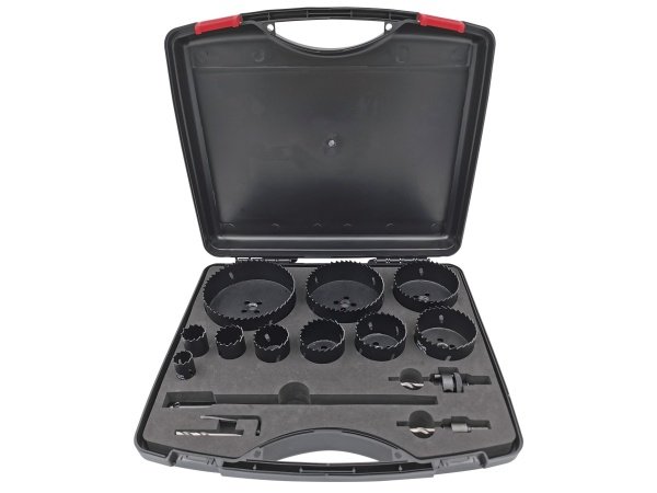 Hulsavsæt BIM 15 dele PT hulsavsæt BIM 15 dele 22-127 mm + 5 stk tilbehør. Billedet viser produktet forfra.