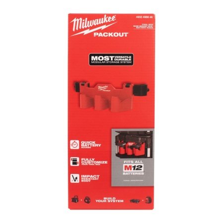 Milwaukee PACKOUT M12 batteriholder Milwaukee PACKOUT batteriholder til M12 batterier. Billedet viser produktet med hvid baggrund.