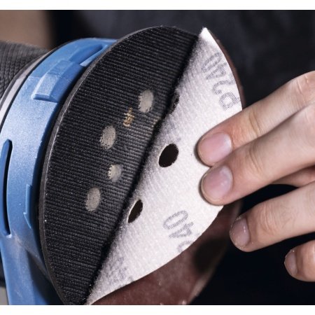 Scheppach excentersliber C-OBS125-X 20V, Solo. Billedet viser produkt og tilbehør med hvid baggrund