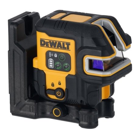 Dewalt USB-C Krydslinjelaser + 5 punkt, grøn laser. Billedet viser produkt og USB-PD-oplader.