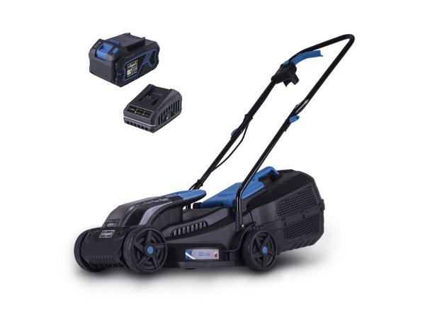 Scheppach plæneklipperBC-MP320-X-SET L, 32 cm 5911413403, m/lader & batteri. Billedet viser produkt med hvid baggrund.