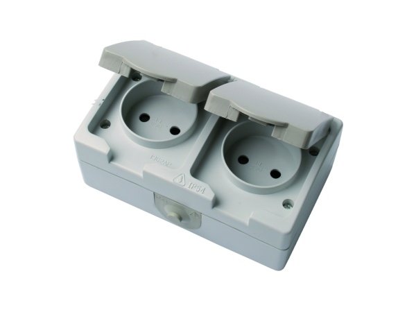 Unite grå stikkontakt dobbelt hos 10-4.dk Stænktæt med kapsling, IP54 og velegnet til udendørs brug og vådrumsinstallationer