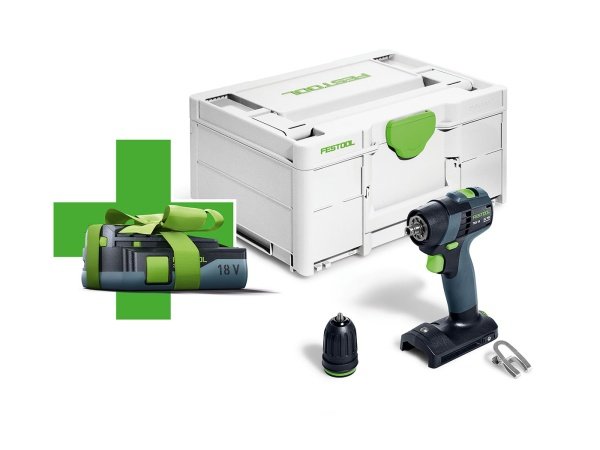 Festool akku bore/skruemaskine Festool akku bore/skruemaskine TXS 18-basic- 3,0. Billedet viser produktet med kuffert og tilbehør.