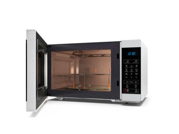 Sharp mikrobølgeovn YC-MG81EW Sharp mikrobølgeovn YC-MG81EW i hvid med grill. Billedet viser produktet forfra.