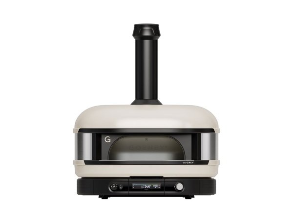 Gozney Dome pizzaovn Gen 2.0, Dual Fuel, bone. Billedet viser produktet forfra og tændt.
