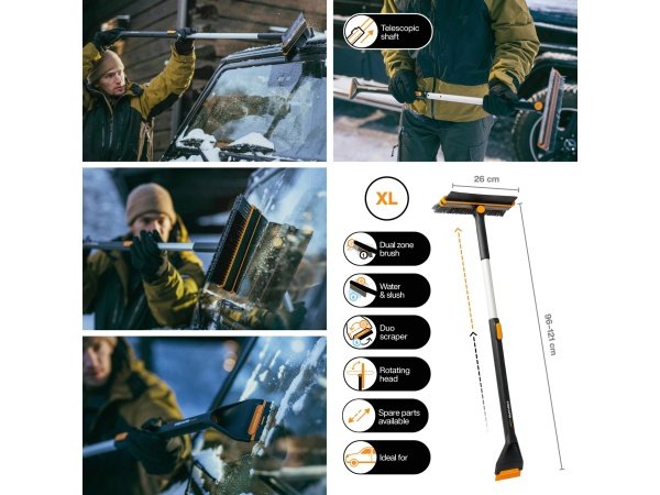 Fiskars X-series teleskopisk børste og isskraber. Billedet viser produktet med hvid baggrund.