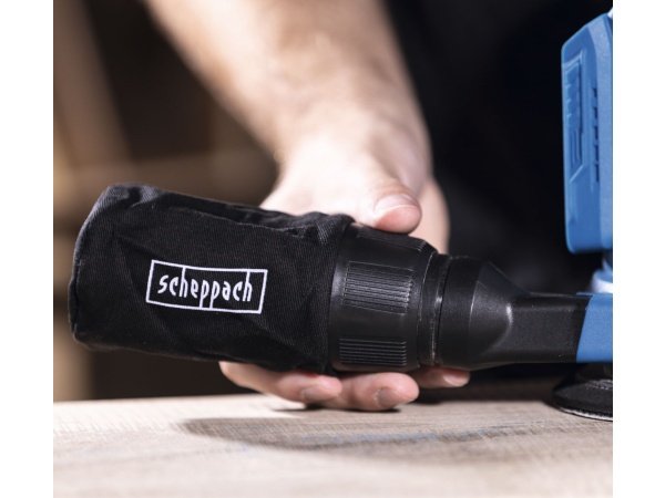 Scheppach excentersliber C-OBS125-X 20V, Solo. Billedet viser produkt og tilbehør med hvid baggrund