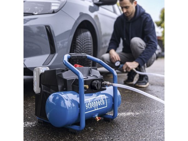 Scheppach 2x20V C-ACT160-6-X kompressor. billedet viser produktet med hvid baggrund.