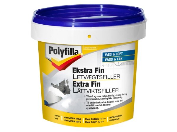 Polyfilla Ekstra Fin Letvægtsfiller 600 ml 10-4.dk let spartelmasse til huller og revner i træ, beton, gips og puds. Flot finish uden slibning