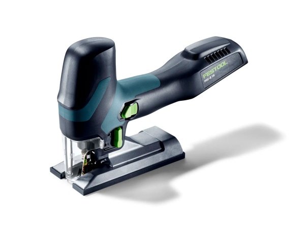 Festool akku stiksav, produkt set forfra med tilbehør