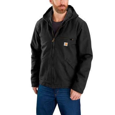 Carhartt foret jakke i robust Carhartt Workwear-kvalitet med justerbar hætte og gennemgående lynlås. Sherpa-foring (82% polyester, 18% akryl) for ekstra varme. Indvendige vindfang og flere lommer. Carhartt Relaxed Fit for komfort.