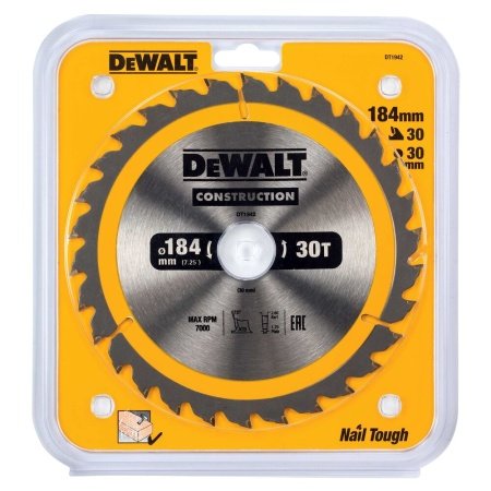 Dewalt rundsavsklinge DT1942  Dewalt rundsavsklinge DT1942 184 x 30 mm. Billedet viser produktet med hvid baggrund.