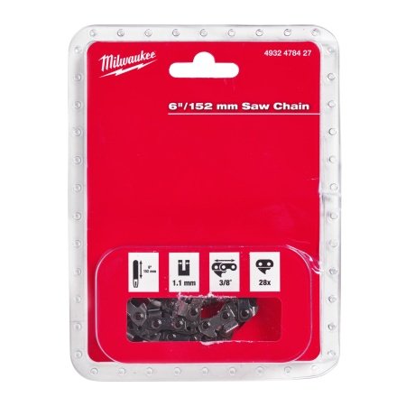 Milwaukee savkæde 3/8 28 led Milwaukee savkæde 3/8" med 28 led og en længde på 152 mm tilbyder præcis skæring og holdbar ydeevne. Billedet viser produkt.