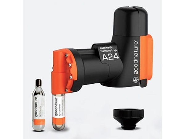 Goodnature rotte-/musefælde startsæt m/24 skud. Billedet viser produktets og patroner.