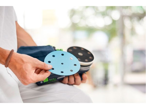 Festool excentersliber Festool excentersliber ETSC 2 125 Basic. Billedet viser produkt og tilbehør med hvid baggrund.